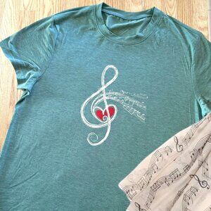 Teal Music Treble Clef Graphic Tee Size XXL Soft Casual Top Singer Shirt
